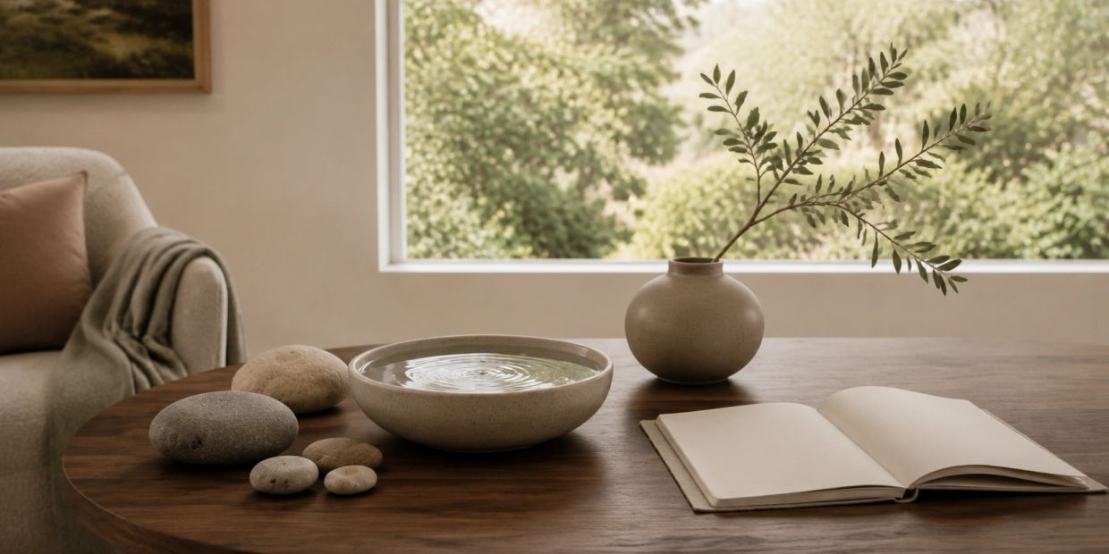 Minimalist wooden table setup with stones, water bowl, vase, and an open book.