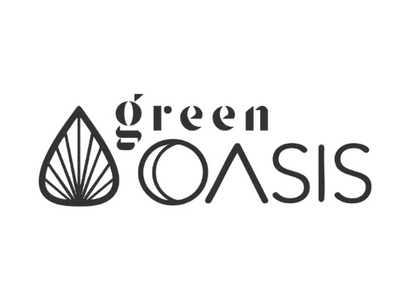 Black and white logo for Green Oasis with a leaf design.