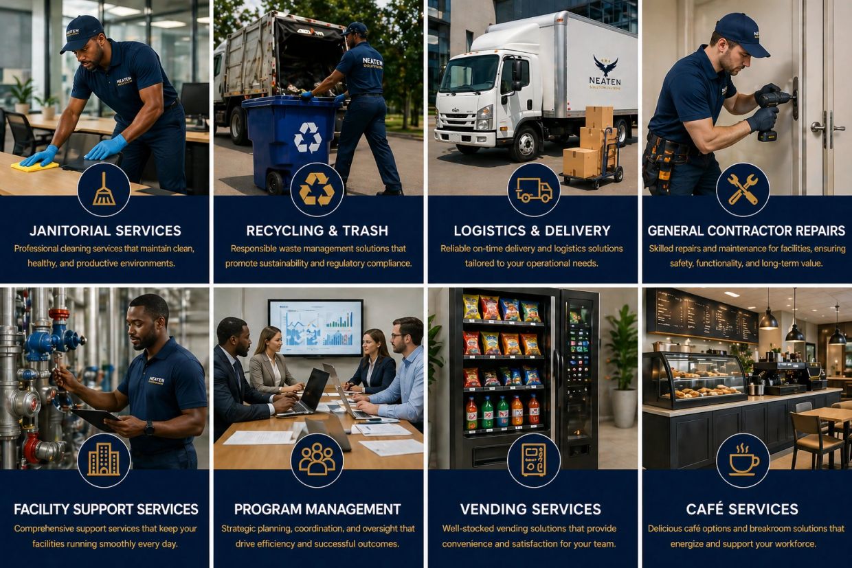 Various professional services offered by Neaten, including janitorial, recycling, logistics, repairs, facility support, program management, vending, and café.