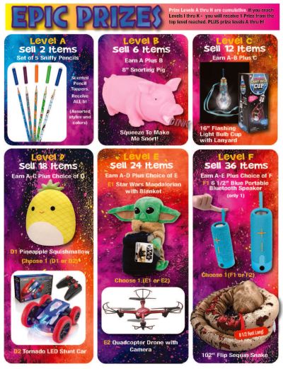Epic prizes for selling items, including toys, speakers, and squishmallows.