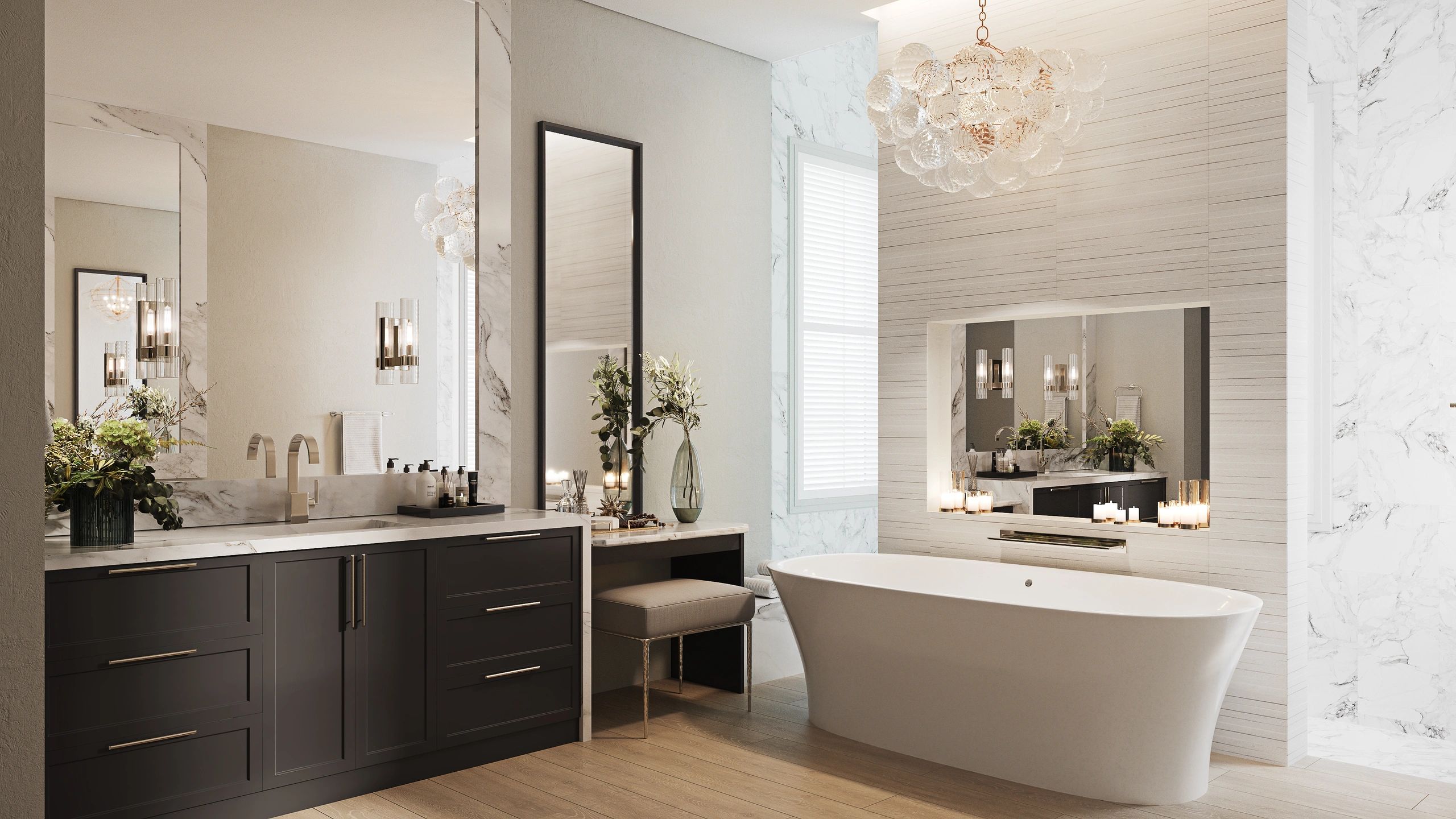 luxury interior design, Master Bathroom, Freestanding tub. vanity, chandelier mirror, renovation 
