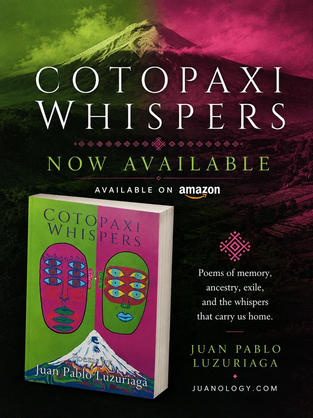 Book cover and promotion for "Cotopaxi Whispers" by Juan Pablo Luzuriaga.