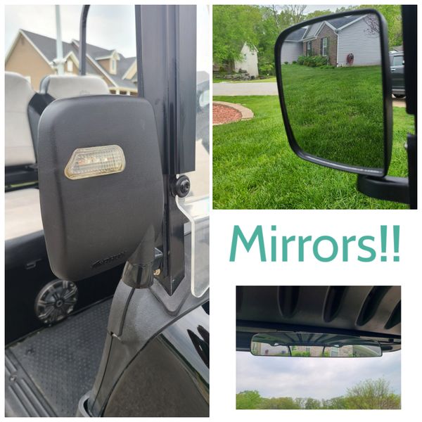 Golf car side mirrors and rear view mirror