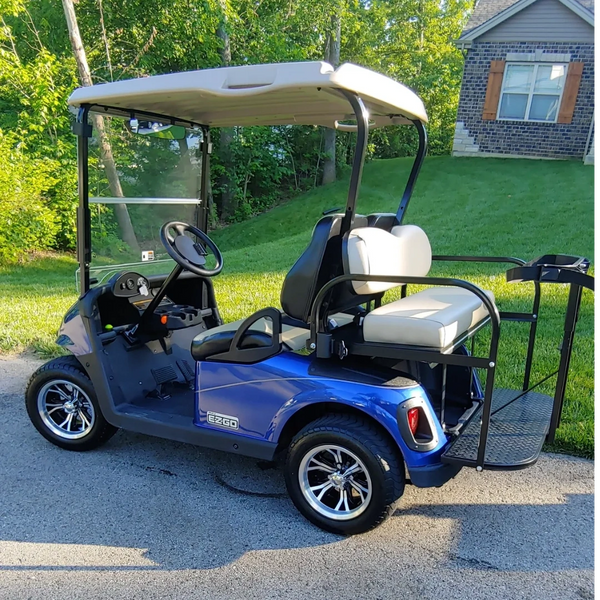 Blue E-Z-GO golfcar with rear seat