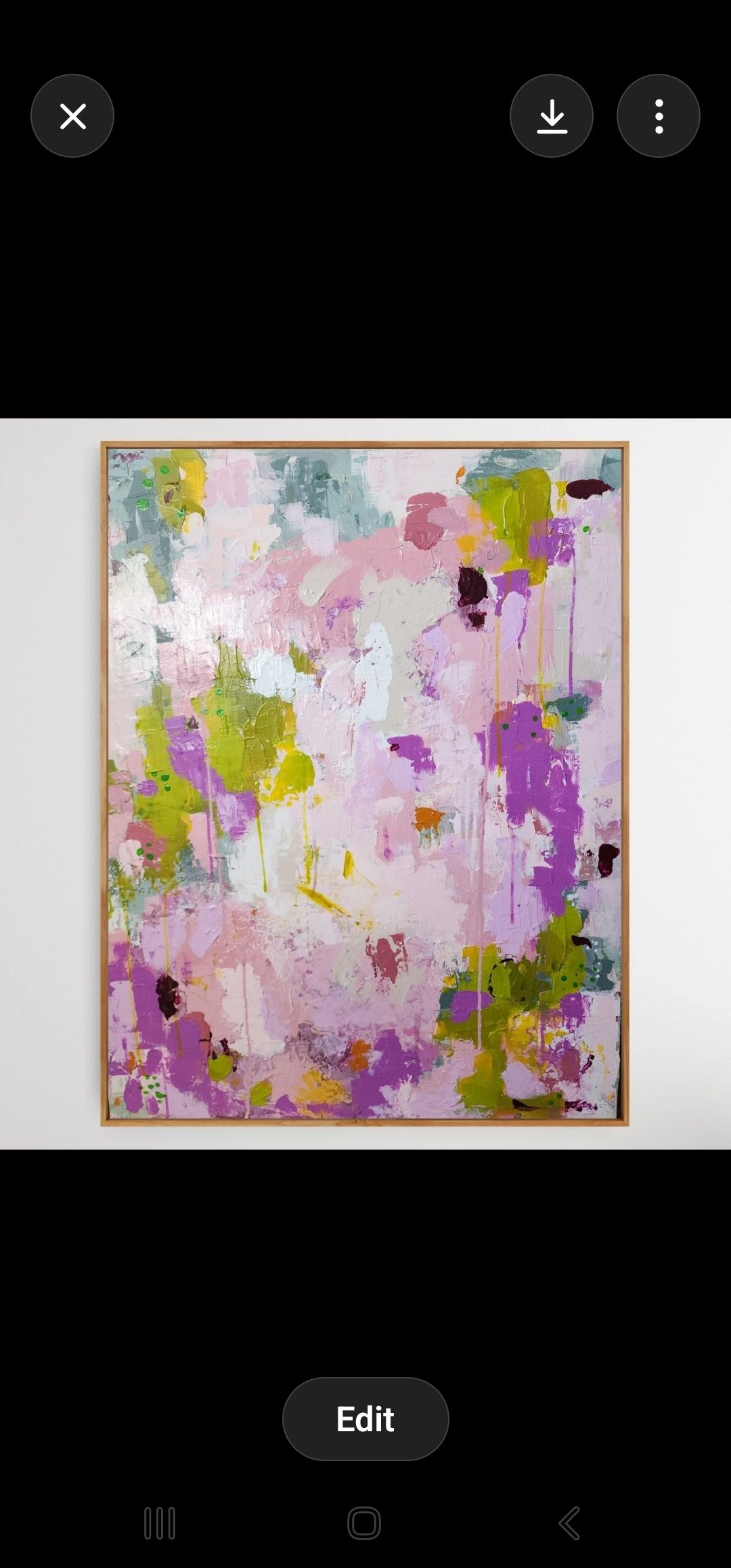 Colorful abstract painting with pink, green, purple, and yellow hues.