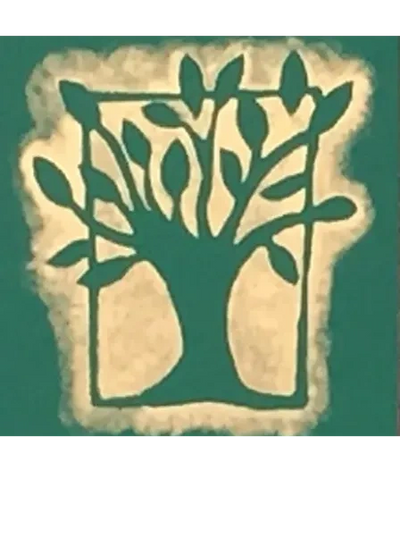 Silhouette of a tree with broad leaves inside a rectangular frame.