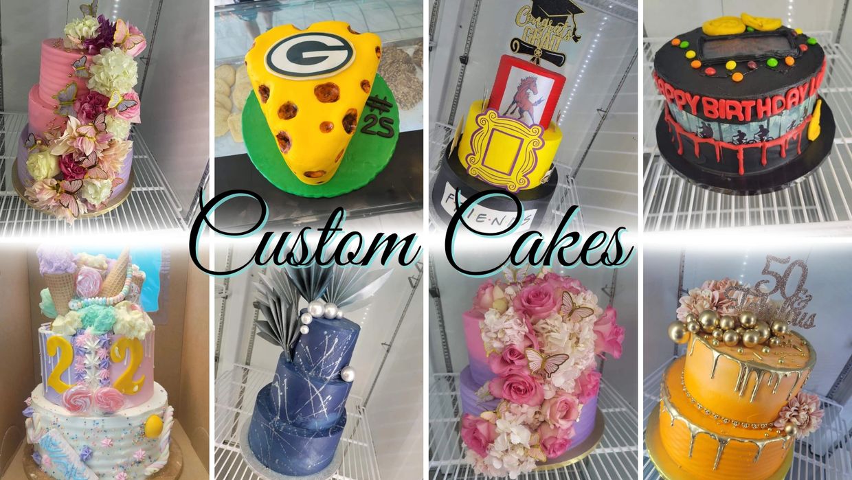 A collage picture of custom cakes
