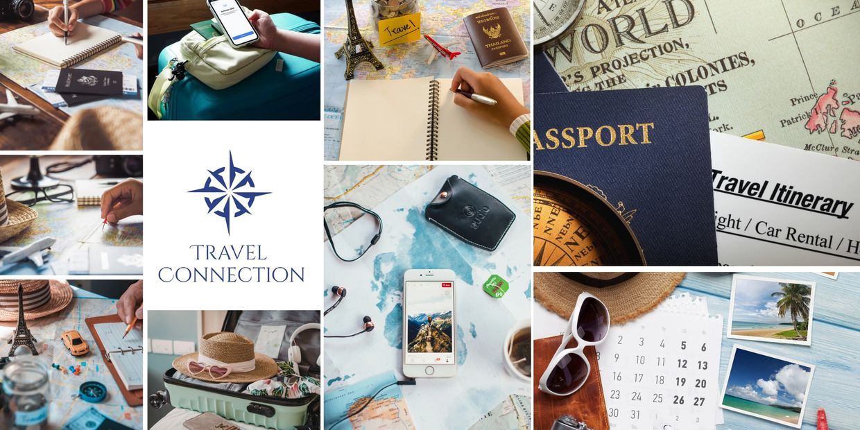 Travel planning essentials including maps, passports, gadgets, and vacation accessories.