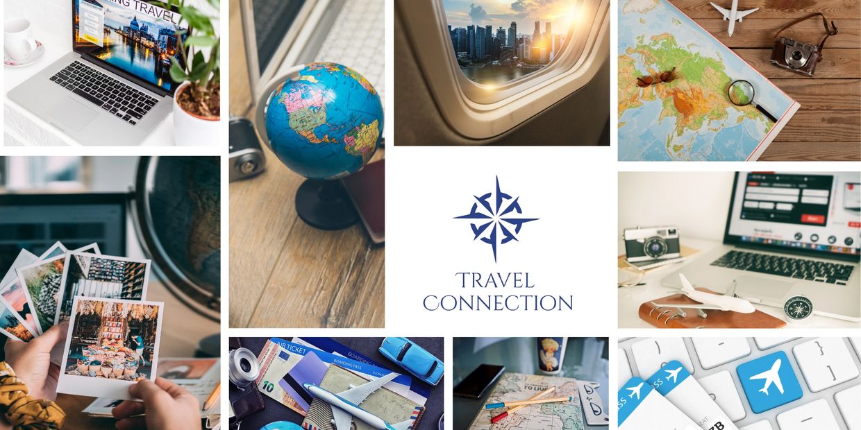 Collage of travel-themed images surrounding a Travel Connection logo.