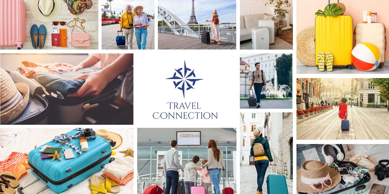 Various travel scenes showcasing luggage, packing, and tourists on the go.