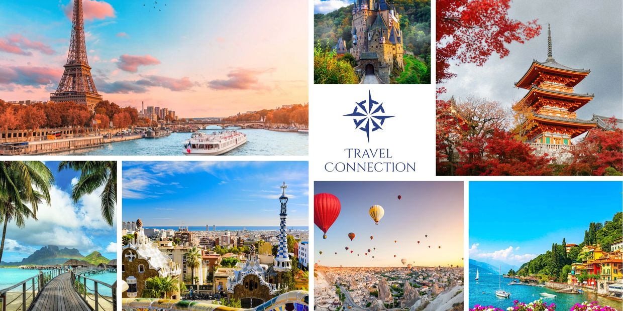 Collage of iconic global travel destinations with vibrant colors and scenic views.