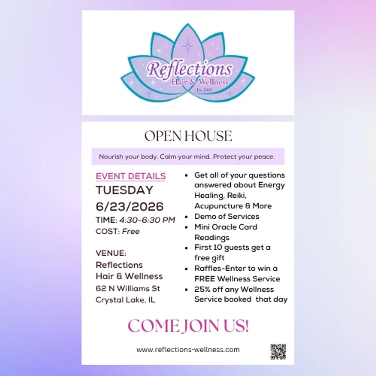 Reflections Hair &amp; Wellness open house event on 6/23/2026 with demos, readings, raffles, and discounts.