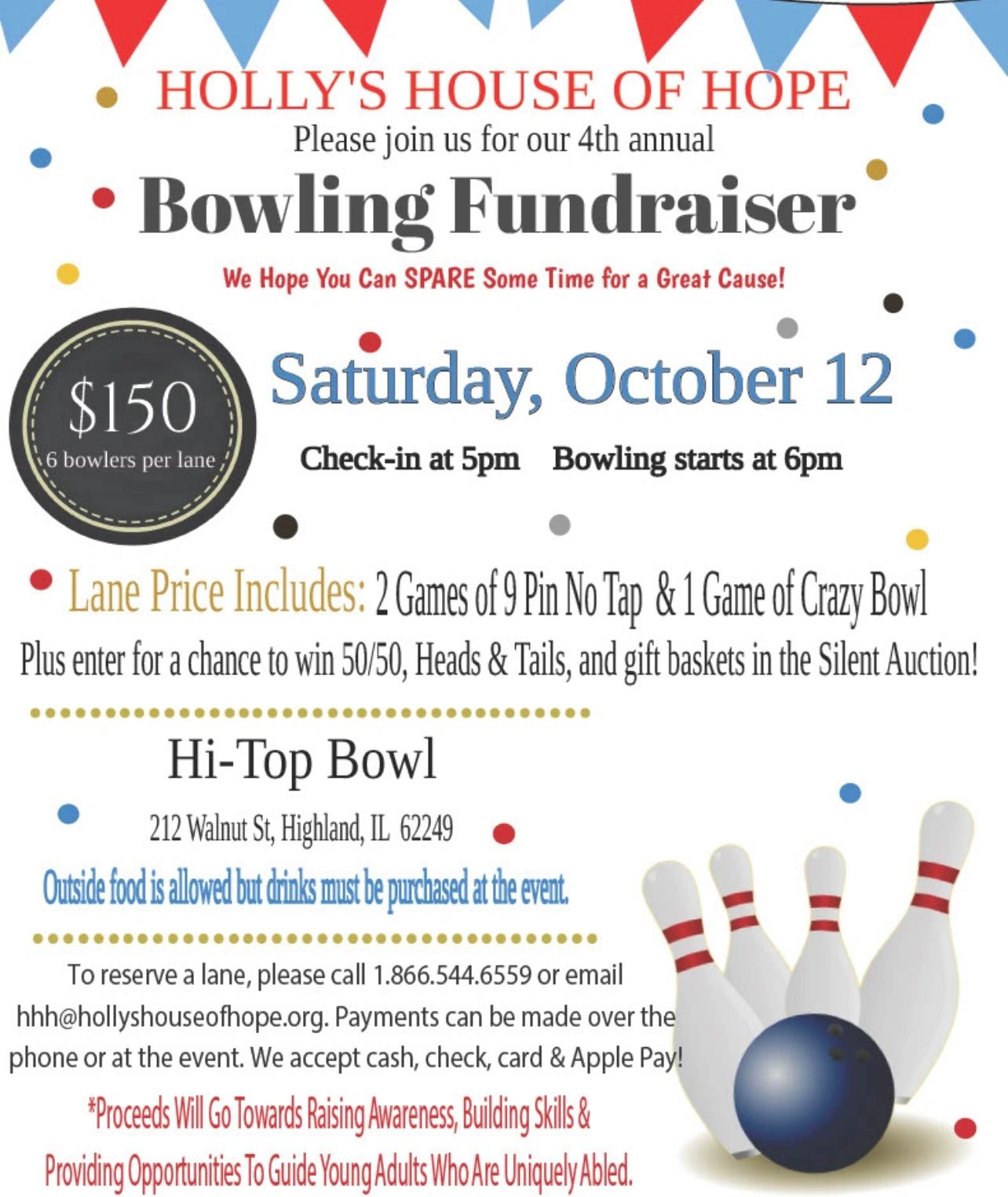 Call or email us today to reserve your lane for our annual Bowling Fundraiser!