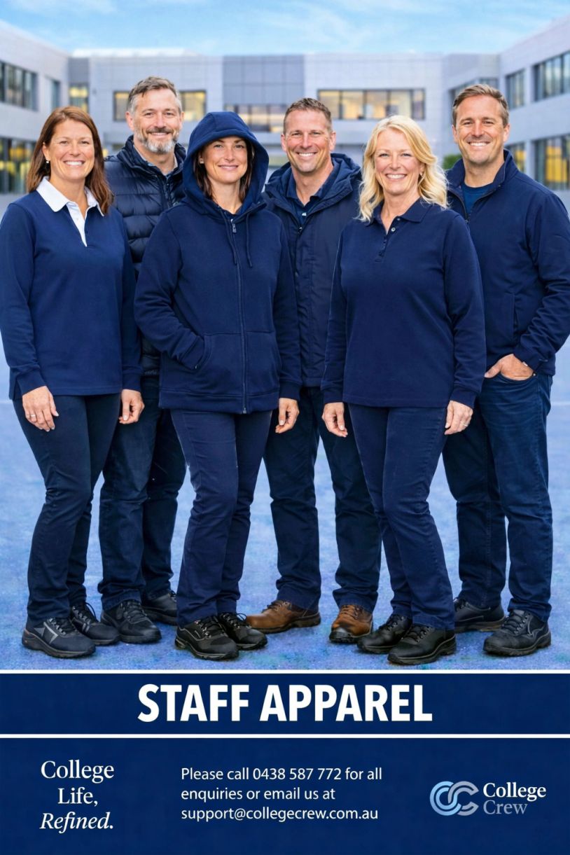 Six smiling staff members modeling navy staff apparel outdoors.