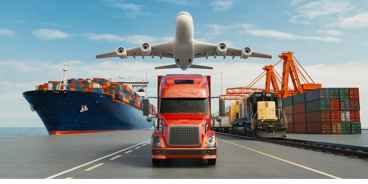 Cargo ship, truck, train, and airplane representing various transport modes.