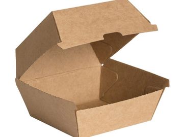Open brown cardboard food container.