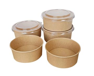 Set of round kraft paper food containers with clear plastic lids.