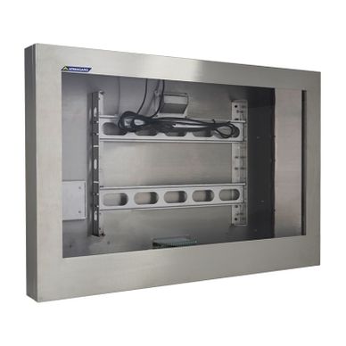 Industrial stainless steel enclosure with a monitor mount inside.