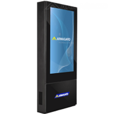 Modern digital kiosk with a vertical screen and black frame.