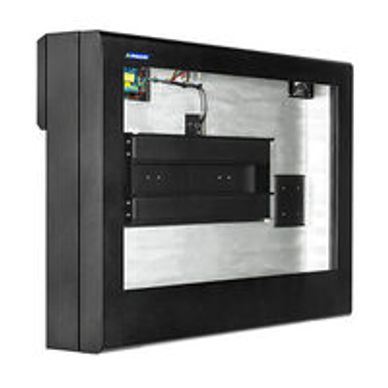 Black metal enclosure with transparent front panel and internal mounting bracket.