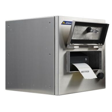 Industrial metal device with a paper output slot and a hinged door.