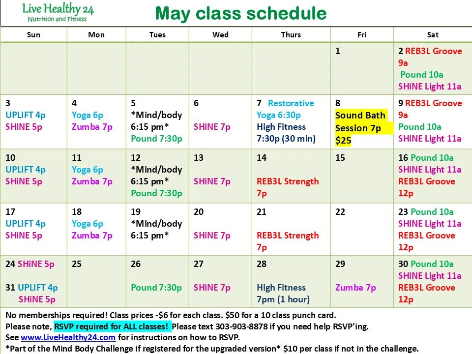 Colorful May fitness class schedule with various workout sessions and prices.