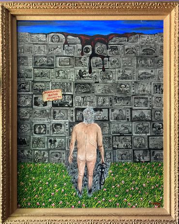 Surreal painting of a naked man facing a wall of images with dripping red paint above.