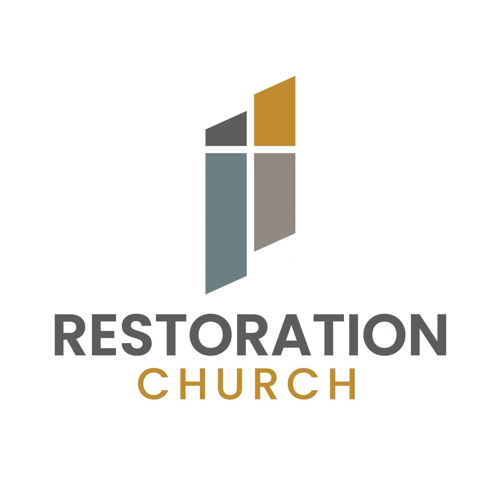 Modern logo of Restoration Church with stylized building shapes and bold text.