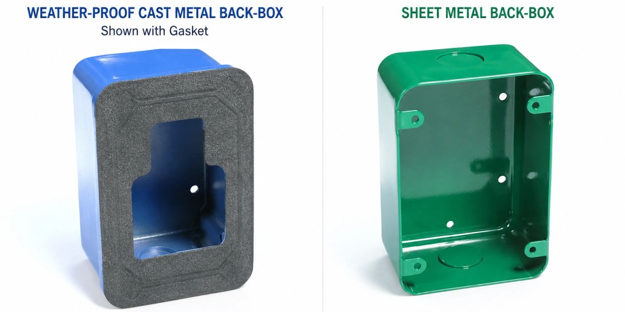 Comparison of weather-proof cast metal and sheet metal back-boxes.