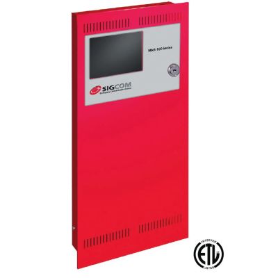 Red SIGCOM MMS-100 fire alarm control panel with screen.