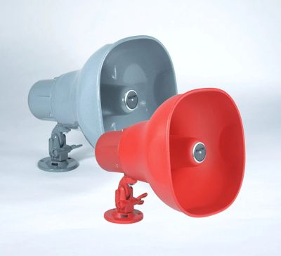 Two horn loudspeakers, one red and one gray.