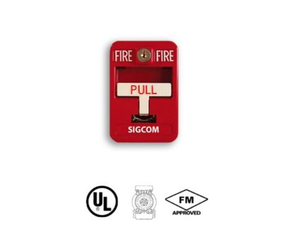 Red fire alarm pull station with certification marks.