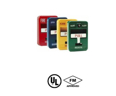 Four colored fire alarm pull stations with UL and FM approval.