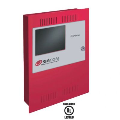 Red SIGCOM VECP Series fire alarm control panel.