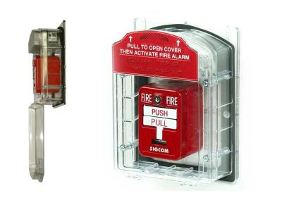 Fire alarm pull station with protective cover.