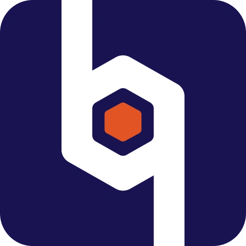 Modern logo with white and orange hexagonal design on dark blue background.