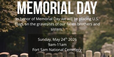Memorial Day event honoring fallen soldiers with flag placement at Fort Sam Cemetery.