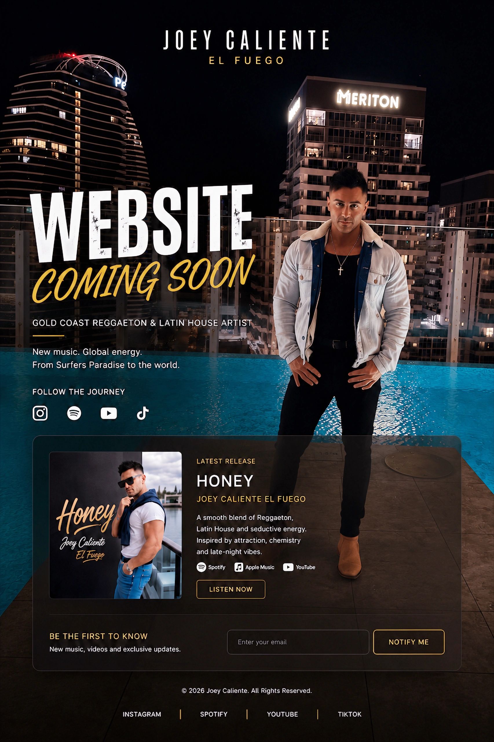 Joey Caliente announces website launch with a bold night-time city backdrop.