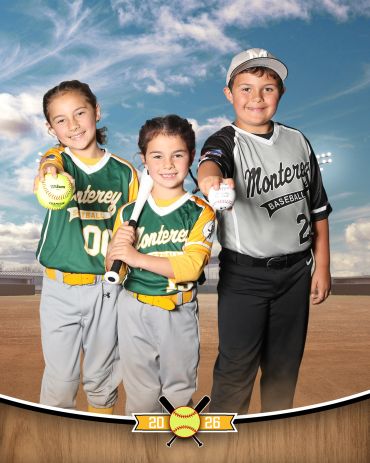 Three young baseball players posing with baseball equipment.