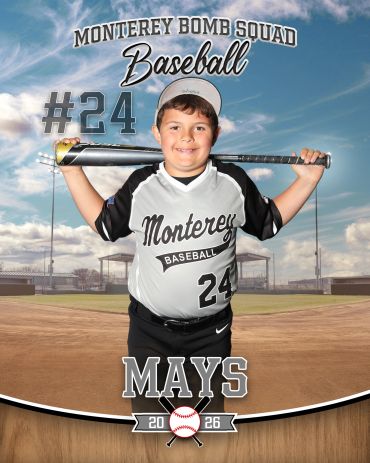 Young baseball player Mays posing with bat for team photo.