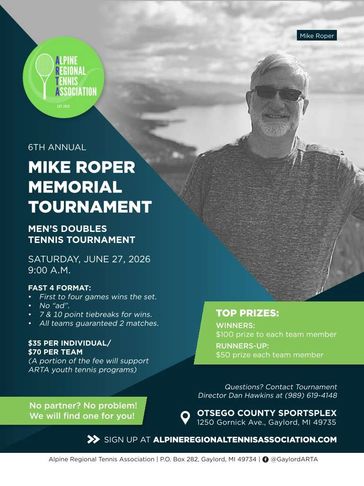 Poster for the 6th Annual Mike Roper Memorial Men's Doubles Tennis Tournament.