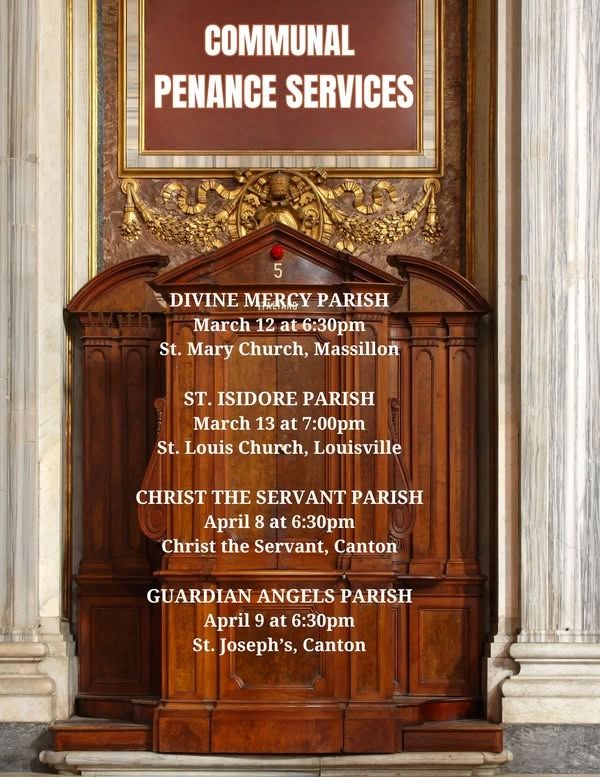 Communal penance services scheduled at various parishes in March and April.