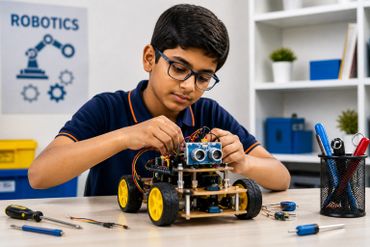 A boy assembling a robotic car in a robotics workshop.