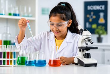Young girl conducting colorful chemistry experiments in a lab.