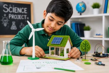 Boy working on an eco-friendly science project with renewable energy models.