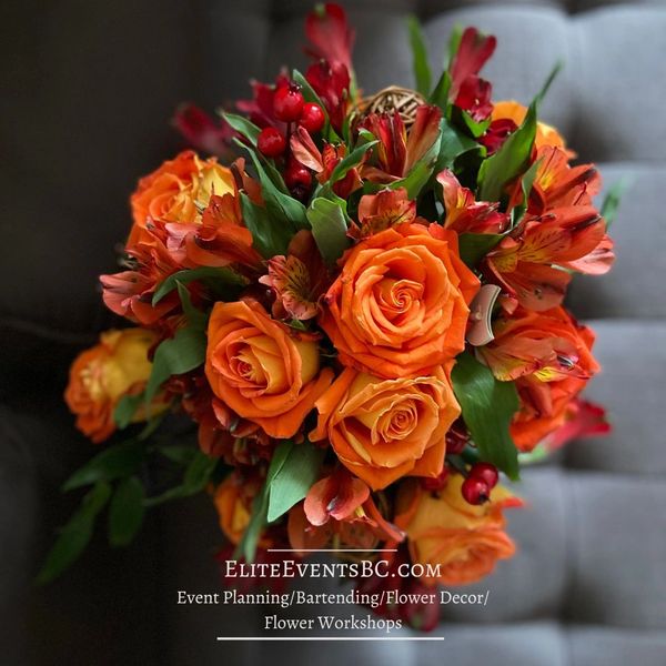 Orange roses bouquet. Fresh flower centrepiece created by Elite Events BC.