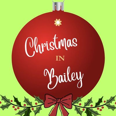 Red Christmas ornament with "Christmas in Bailey" text and holly decoration.