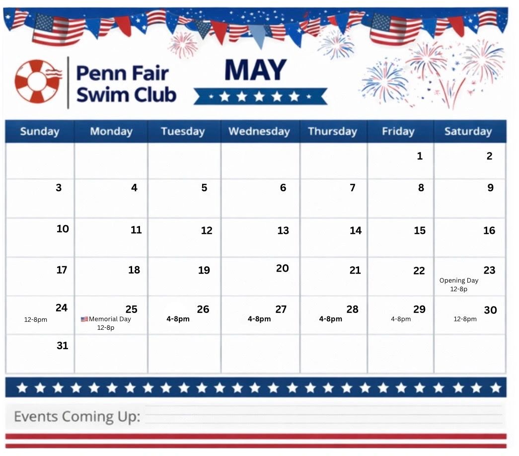 May calendar for Penn Fair Swim Club with event times and patriotic decorations.