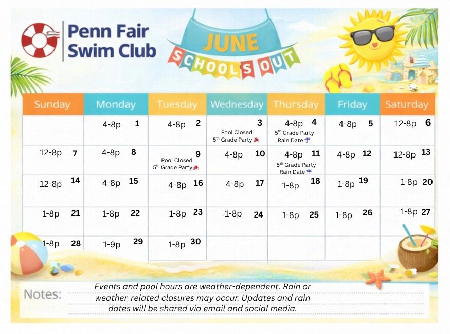 June calendar with Penn Fair Swim Club hours and 5th Grade Party events.