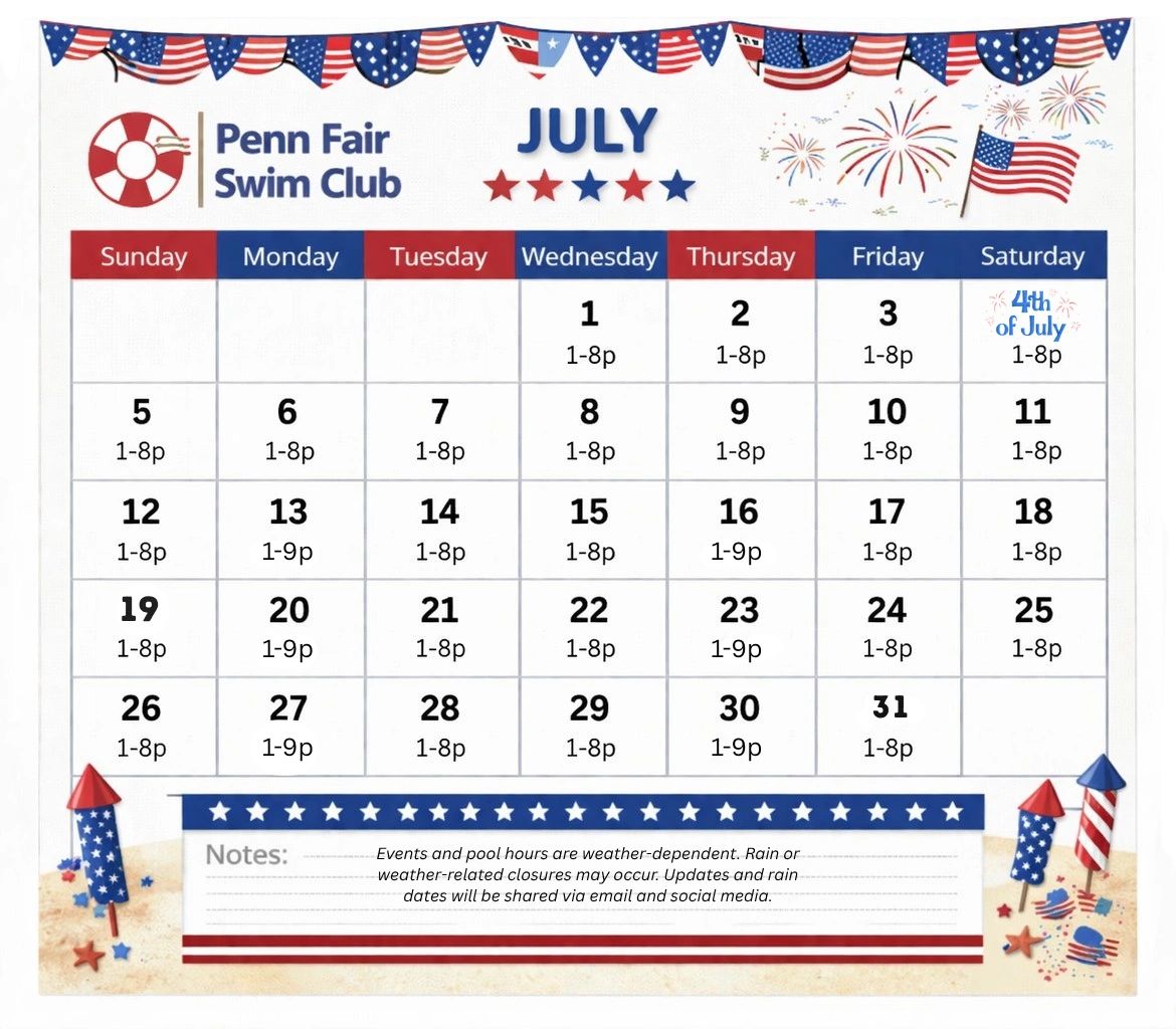 July schedule for Penn Fair Swim Club with 4th of July celebration and pool hours.